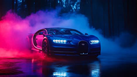 bugatti chiron in a neon-lit forest