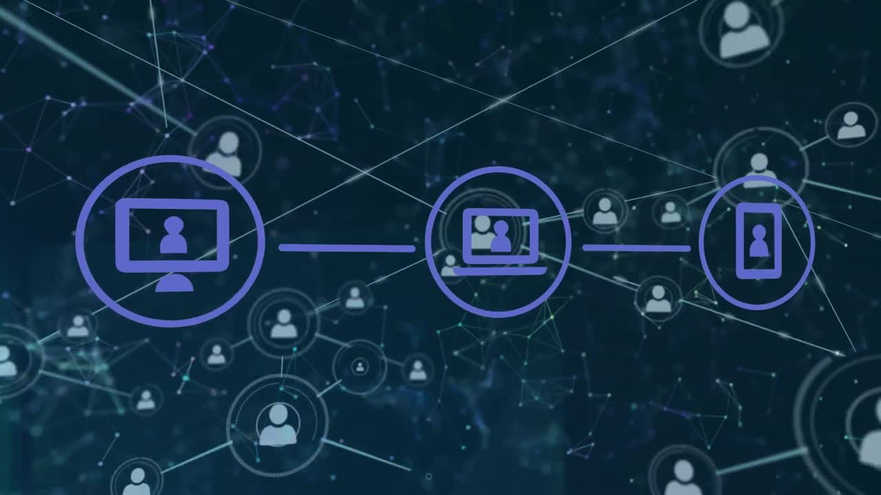 animación de iconos tecnológicos y red de conexiones sobre fondo naval