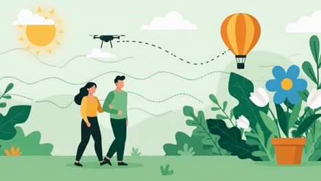 A romantic couple walking in a park with a drone flying overhead