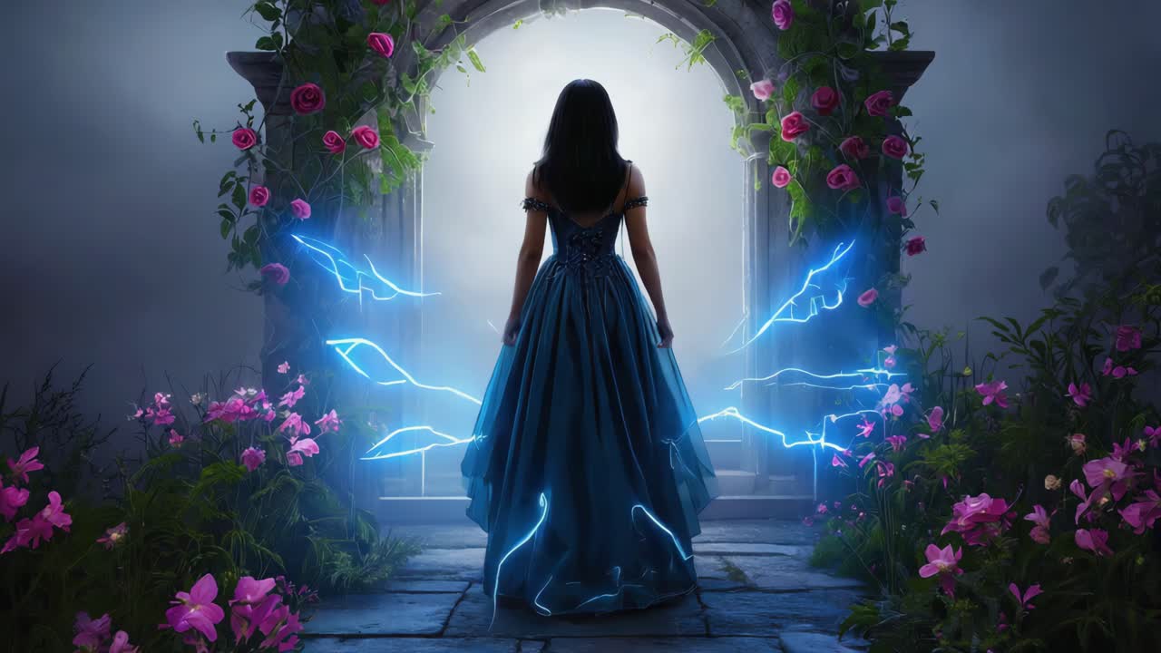 Woman in Blue Dress at Magical Portal