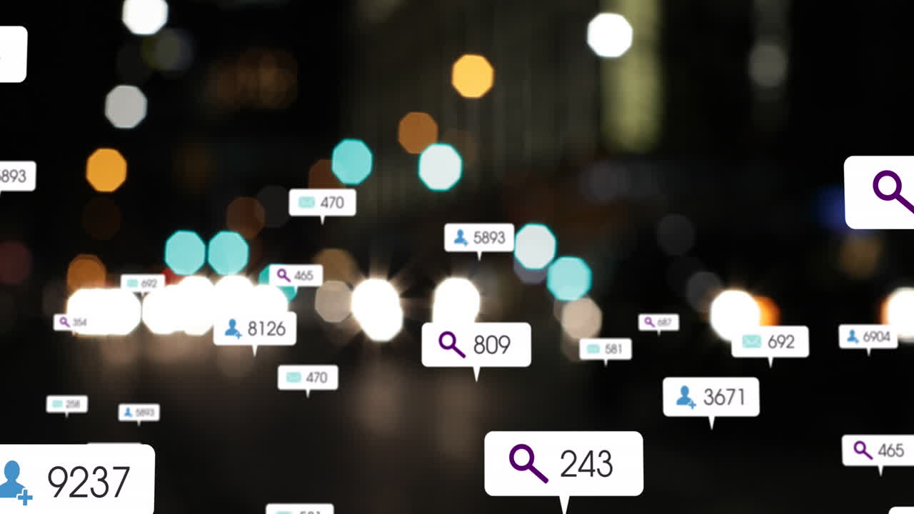 Animation of social media icons and numbers over road traffic and cityscape