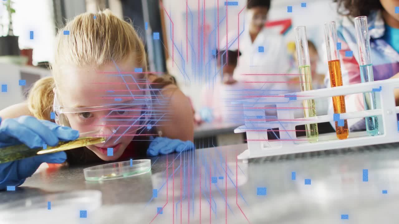 Girl pipetting droplet into petri dish, testing reaction in STEM while tech overlays shifting