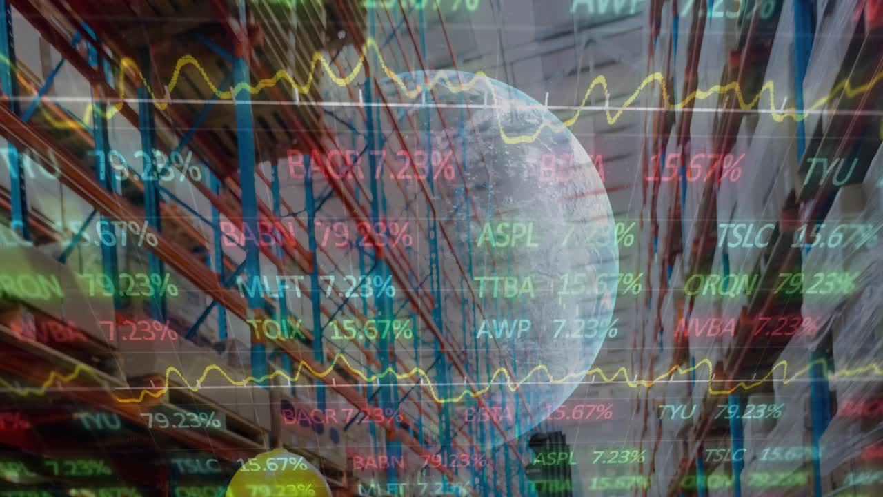 Animation von Börse und Globus über einem leeren Lagerhaus.