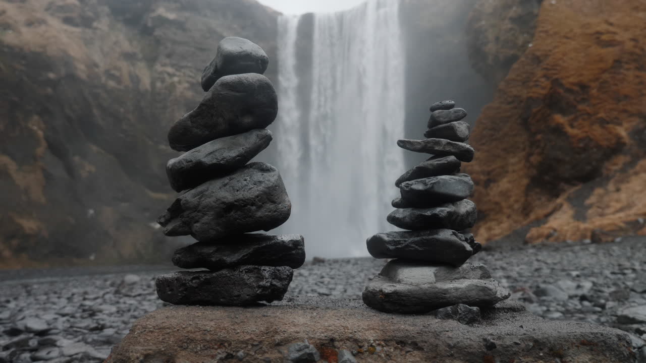 Stone Cairns by a Waterfall in Iceland
