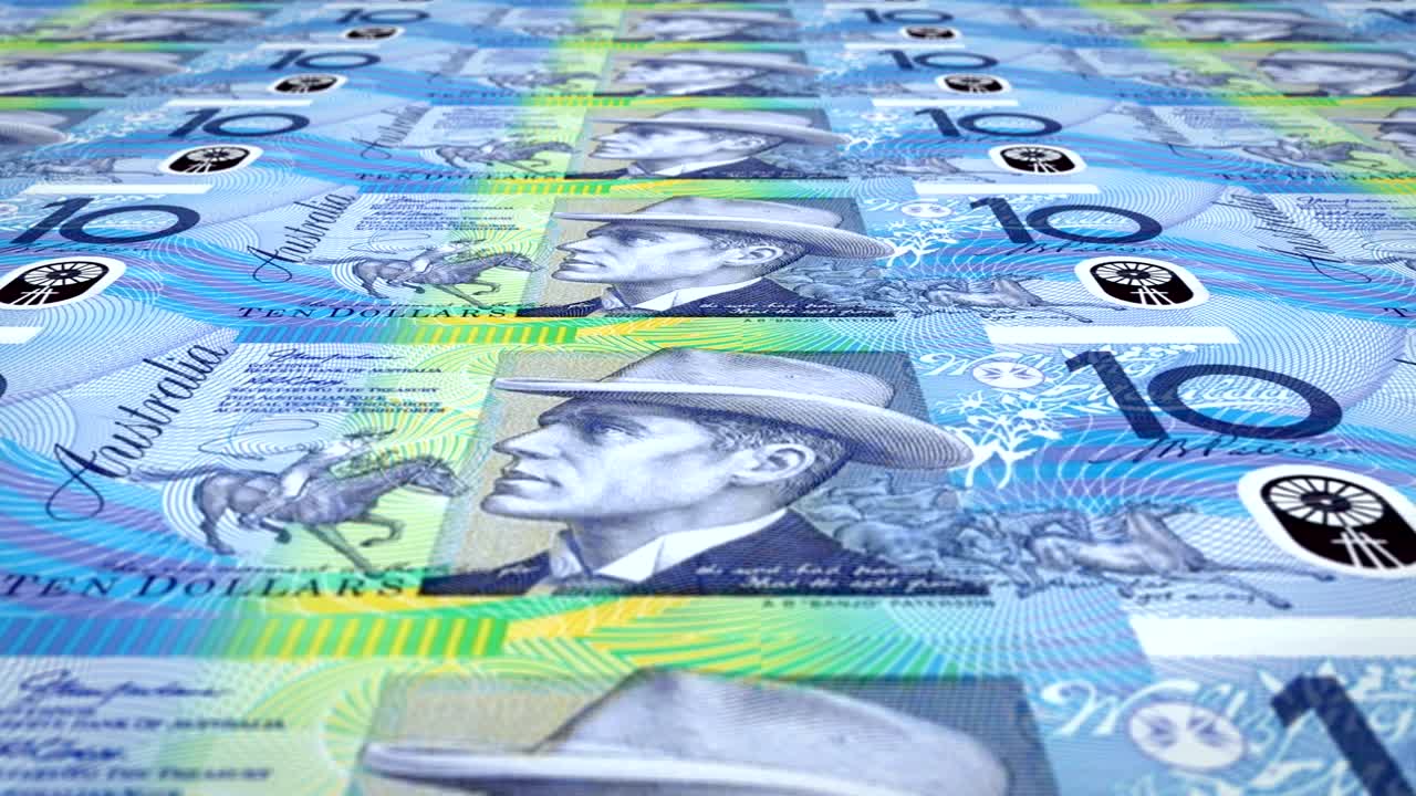 billetes de diez dólares australianos rodando en la pantalla, dinero en efectivo, bucle