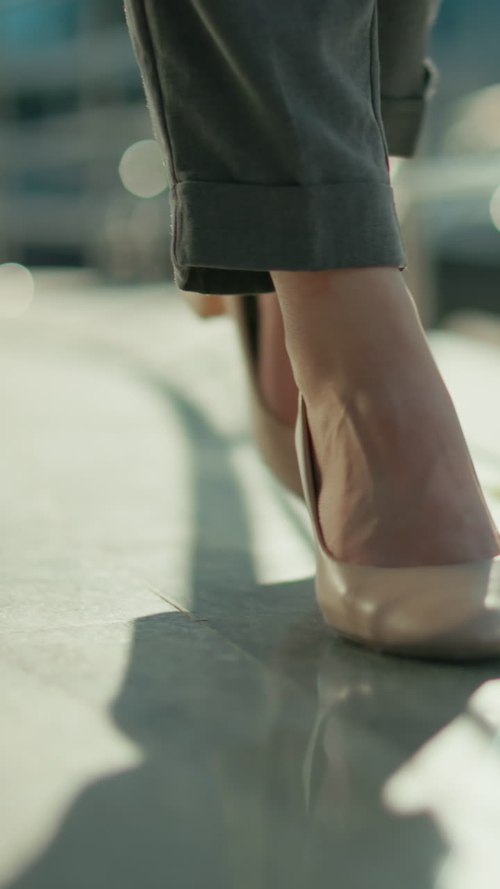 Close up leg view of woman wearing heels walking confidently along iron railing with sunlight reflecting on pavement, blurred parked cars and pedestrians in background