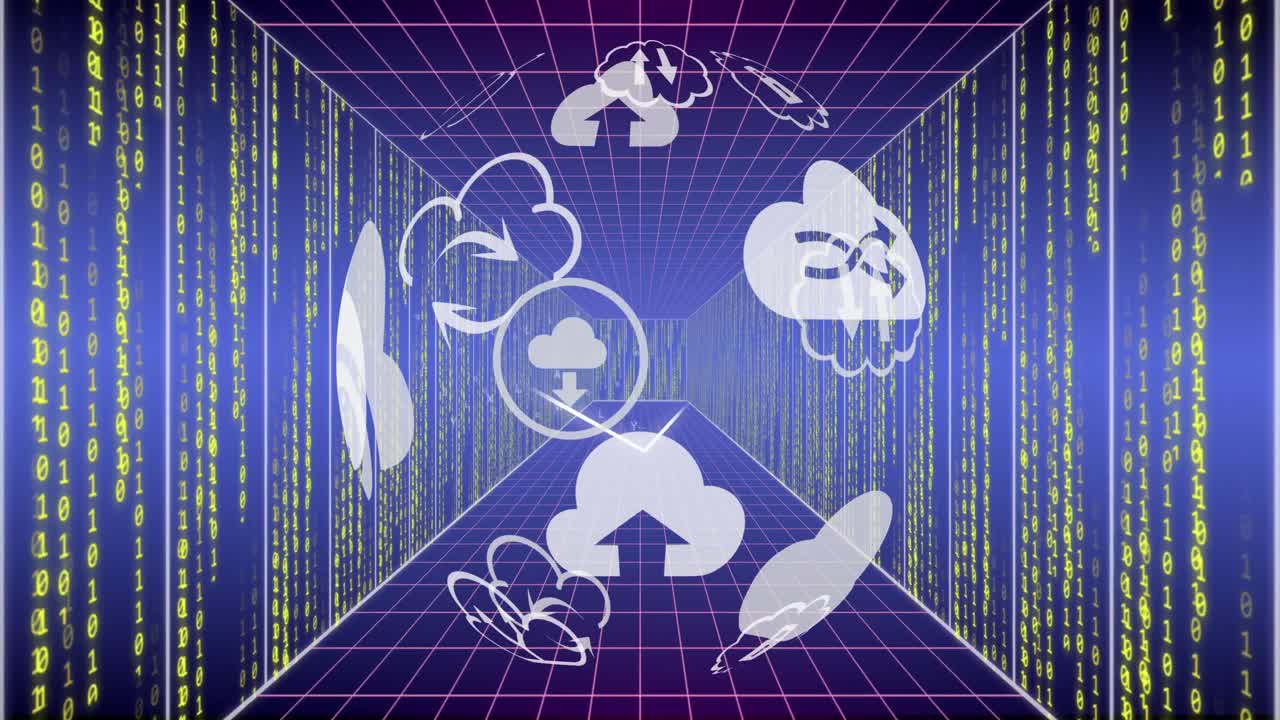 animación del globo con iconos de nubes y procesamiento de datos a través de servidores informáticos.