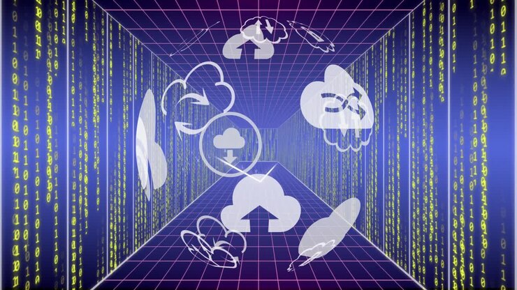 Animation of globe with cloud icons and data processing over computer servers