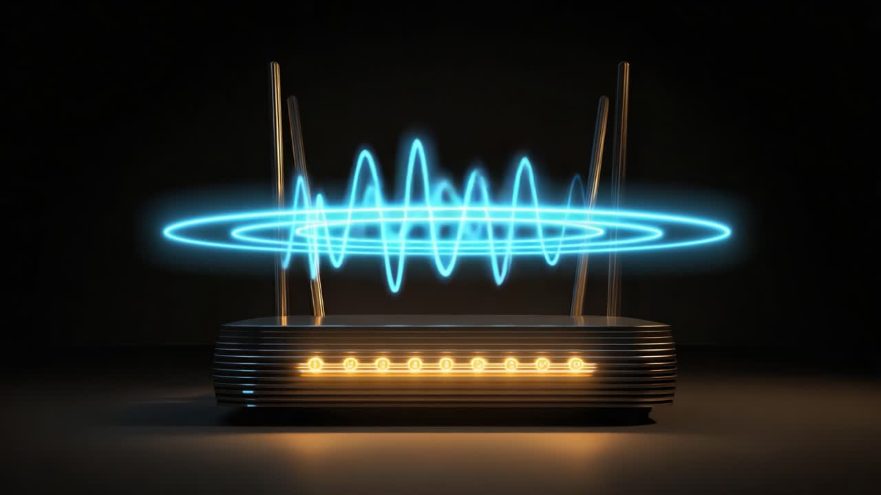 Futuristic Wireless Router with Dynamic Signal Waves: A Visual Representation of Modern Connectivity and Technological Innovation, Showcasing Functionality and Aesthetic Design