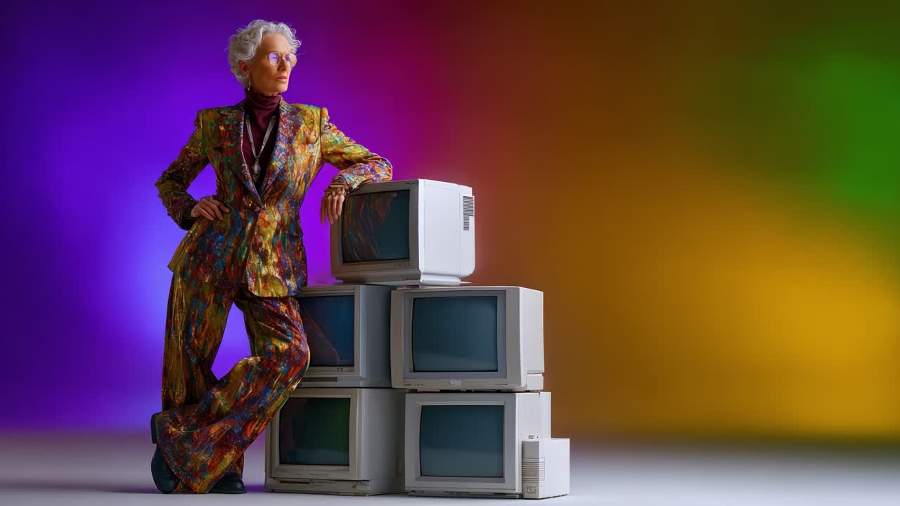 Uma Figura Carismática Posa com Confiança em um Cenário Vibrante com Monitores Vintage, Apresentando uma Mistura de Nostalgia e Estilo Moderno em um Ambiente Colorido