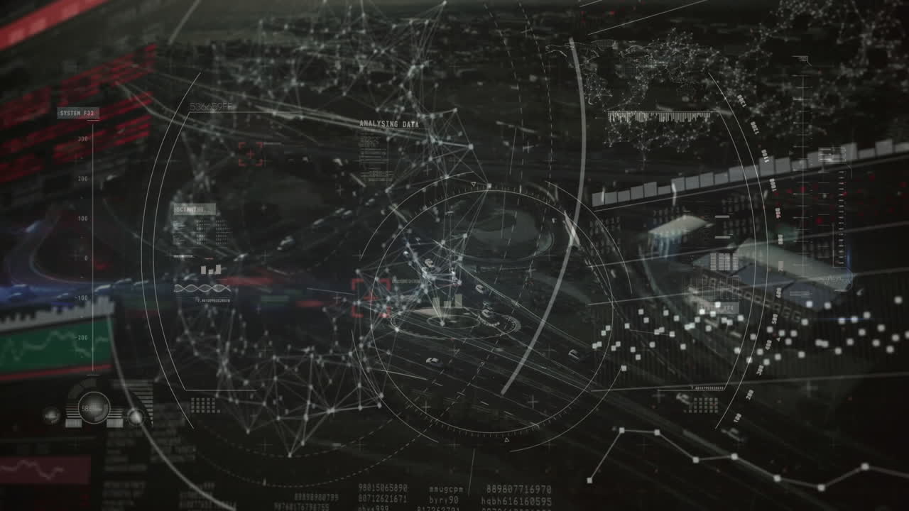 도시 풍경 위의 범위 스캐닝과 데이터 처리 애니메이션