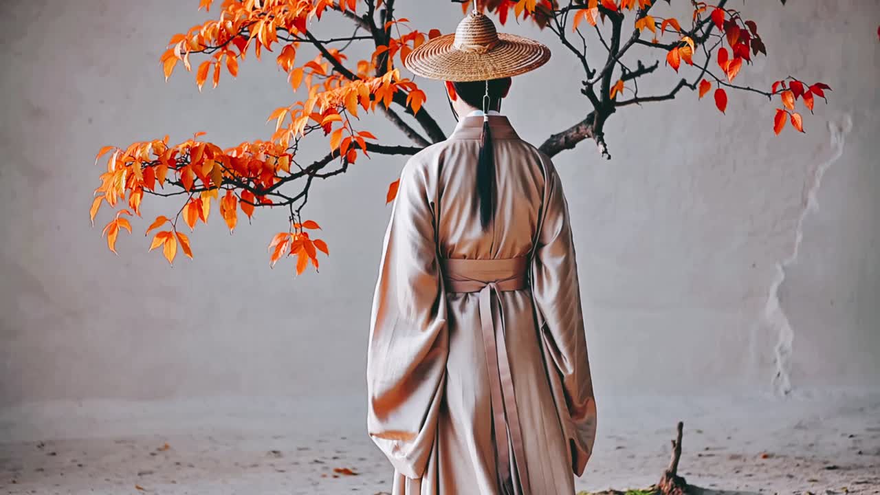 Traditional Korean Man in Autumn Garden