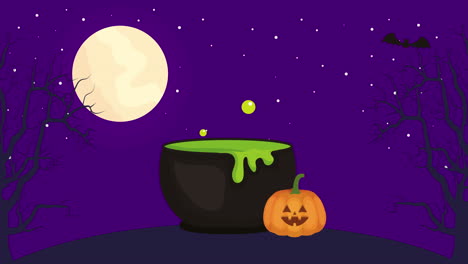 halloween dark scene with cauldron at night