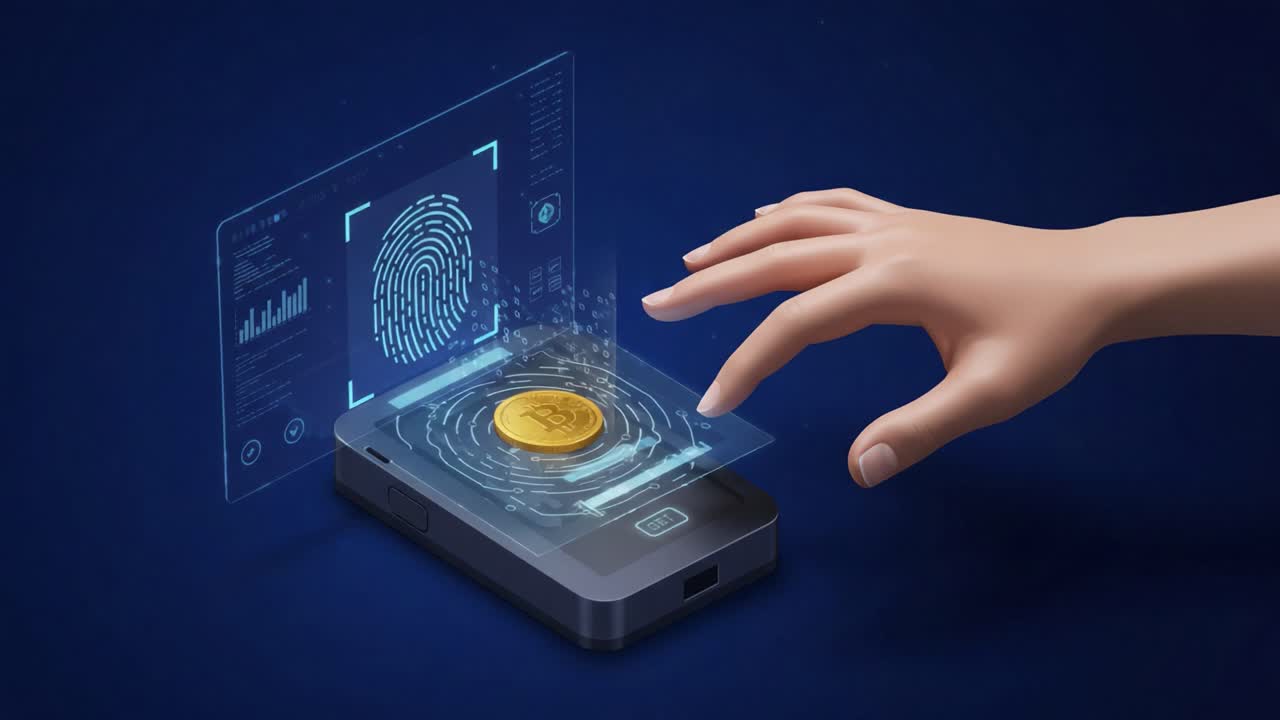 A futuristic representation of biometric authentication showcasing a hand scanning a fingerprint on a digital device to secure a cryptocurrency coin, highlighting advancements in technology