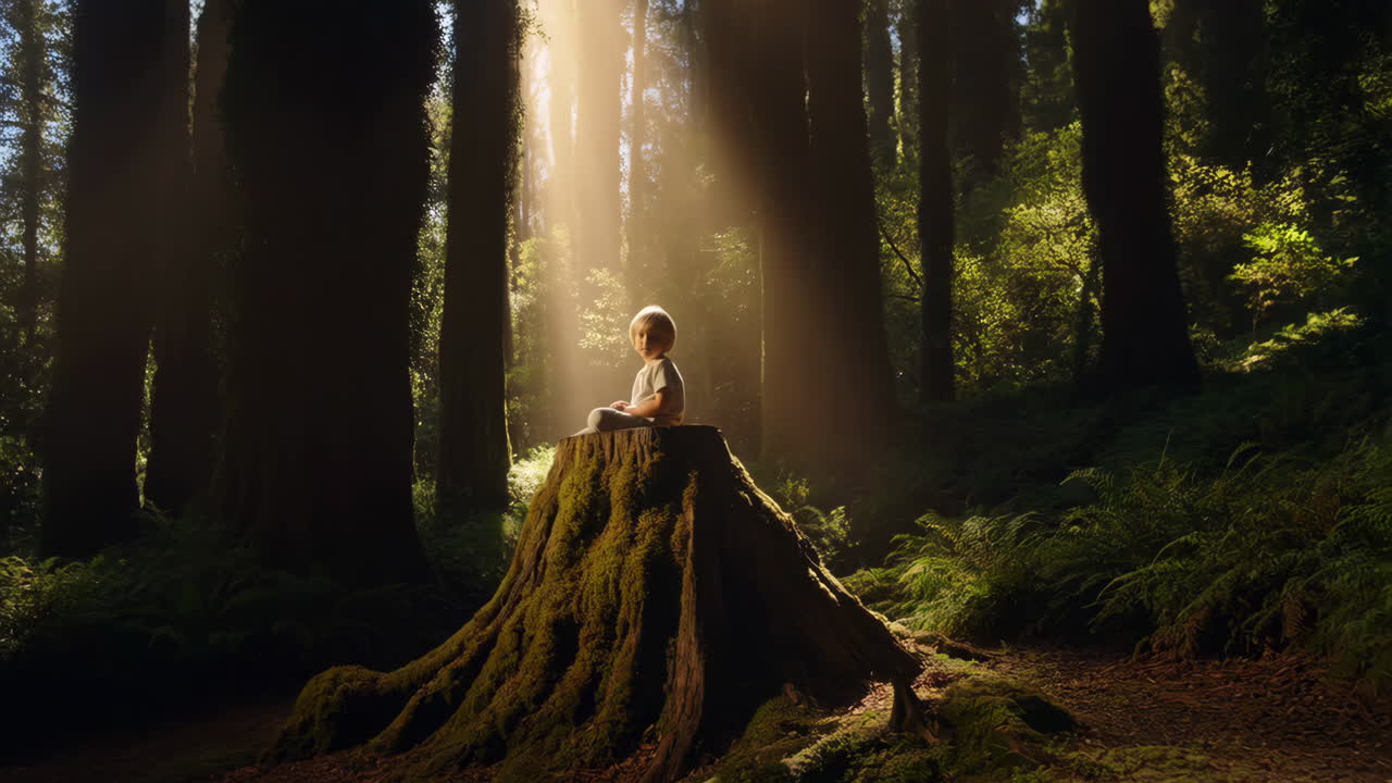 Child Bathed in Sunbeams on a Forest Stump