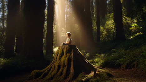 child bathed in sunbeams on a forest stump