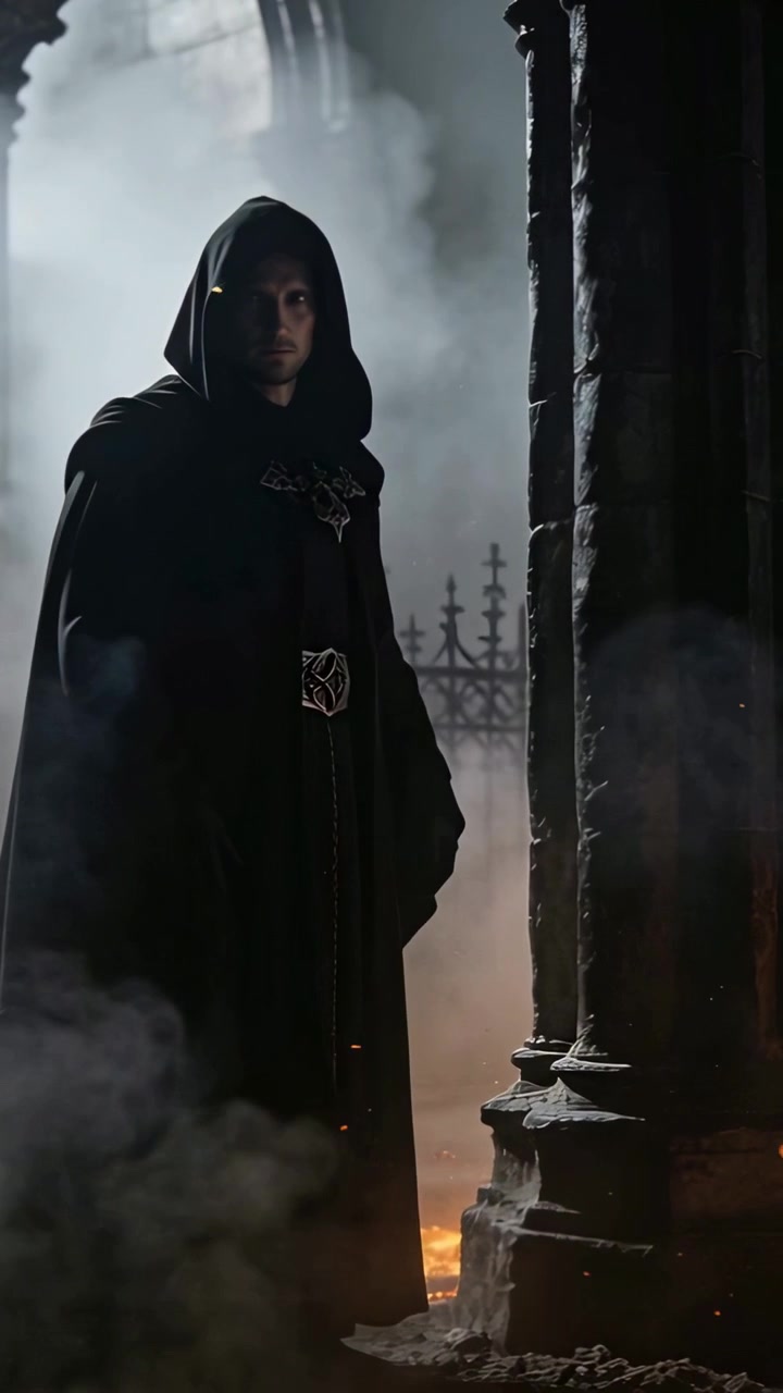 Vertical video: Turning hooded figure revealing face in Gothic ruin with cloak clasps and embers