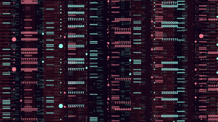 Random numbers pattern in rows on dark space
