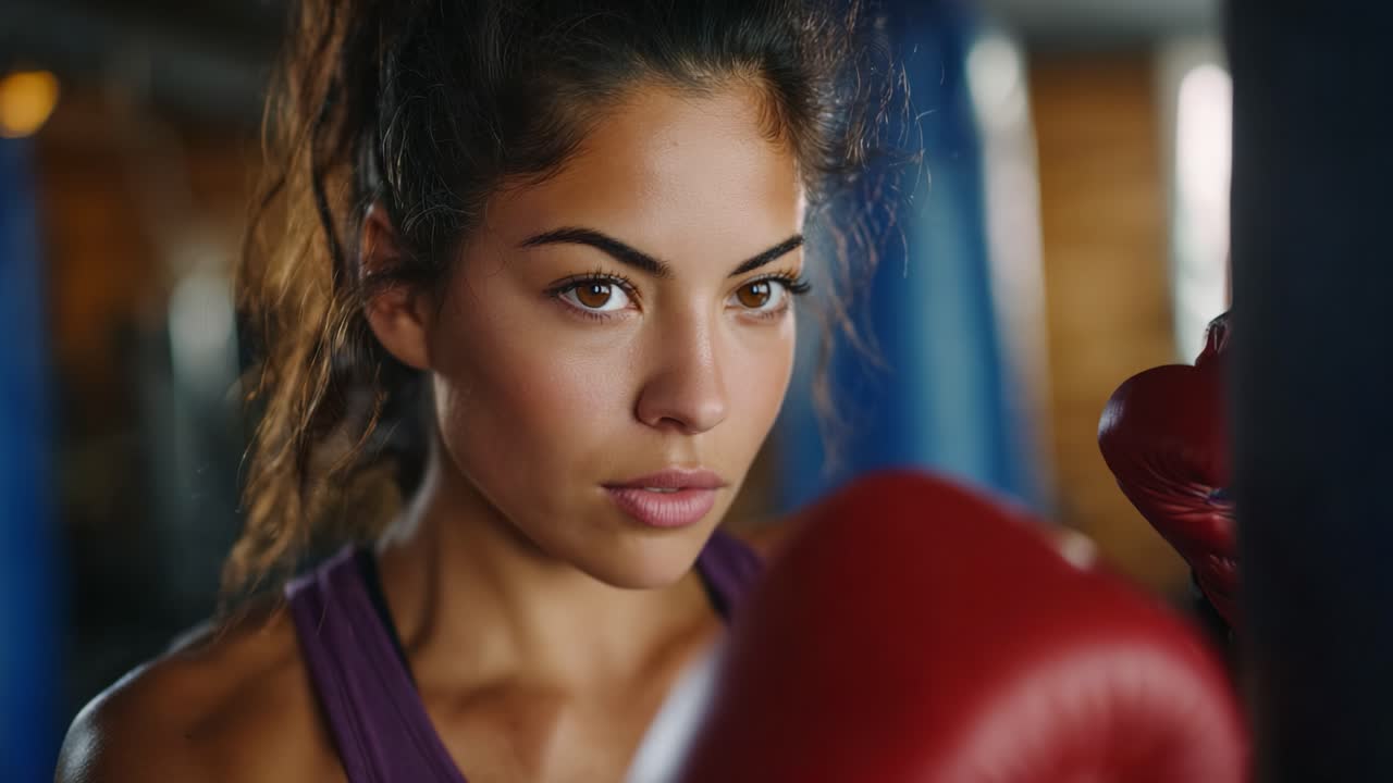 A Focused Female Boxer Preparing for Action with Determination and Strength in the Gym, Showcasing Her Training and Commitment to the Sport of Boxing