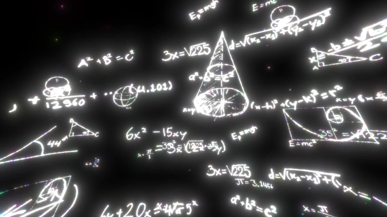 Calcoli manoscritti luminosi e formule matematiche su sfondo nero.