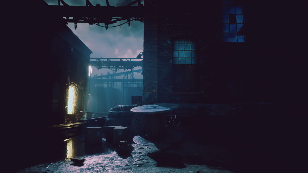Mysterious alley lit by a glowing light in an abandoned industrial area