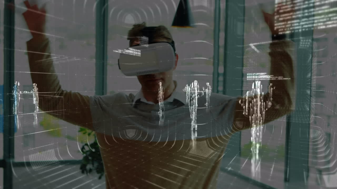 Animation of financial data processing over businessman using vr headset