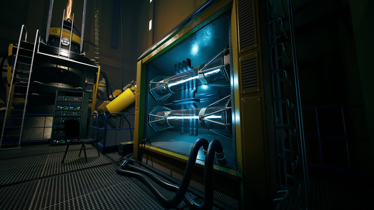 Futuristic energy storage in a high tech laboratory at night