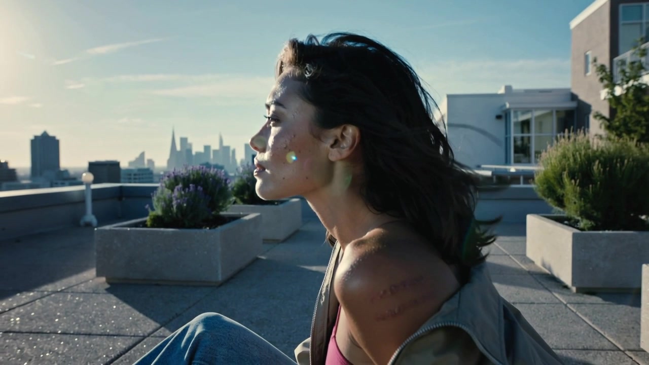 Panning shot showing woman in pink tank, jeans sitting rooftop, jacket slipping, watching skyline