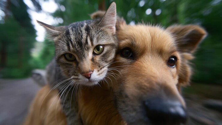Um momento emocionante capturado entre um gato e um cachorro em silhueta contra um exuberante plano de fundo verde, celebrando a improvável amizade de animais de estimação