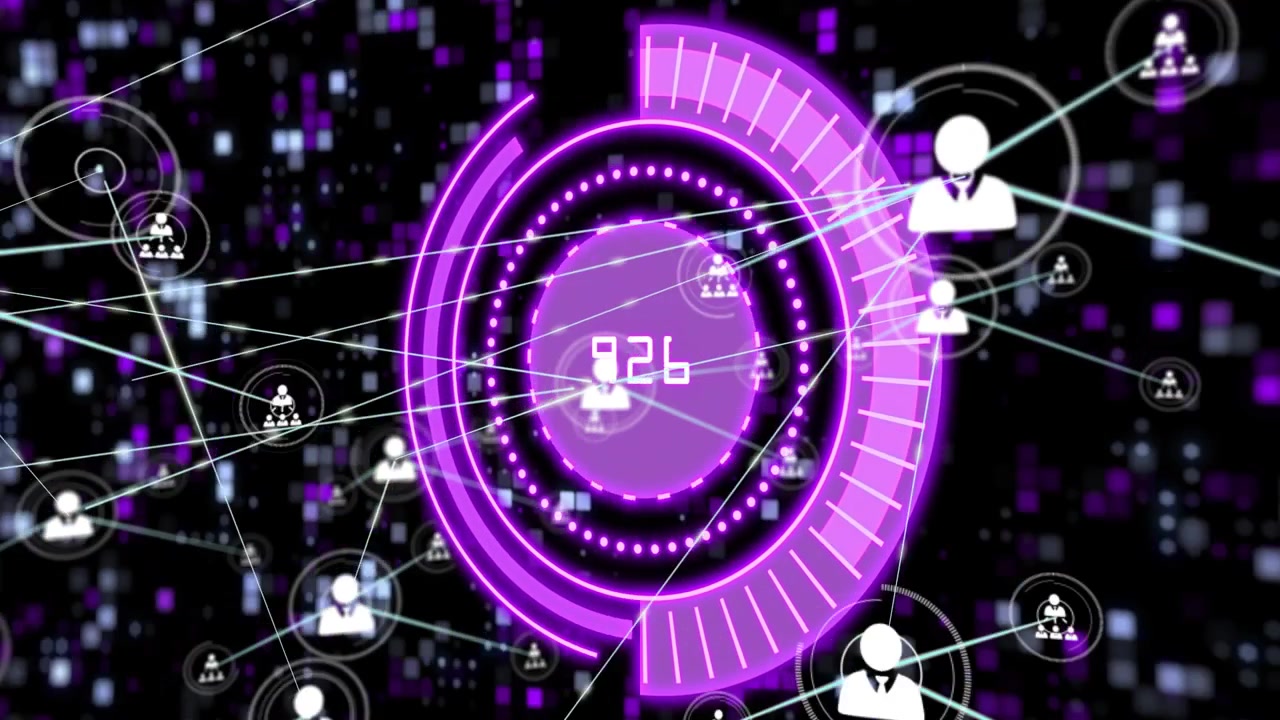 Neon purple HUD pulsing as single node flashing initiating links, readout updating, showing growth