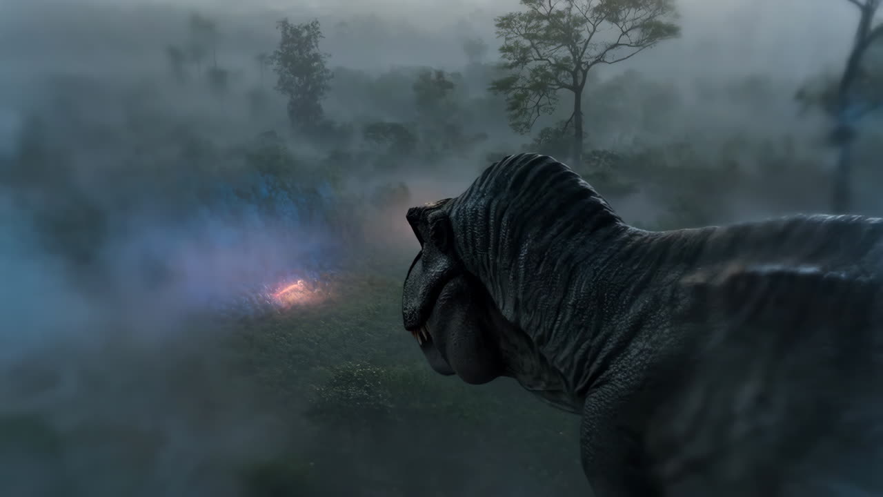 Un T-Rex si erge in una foresta preistorica nebbiosa guardando verso luci lontane.