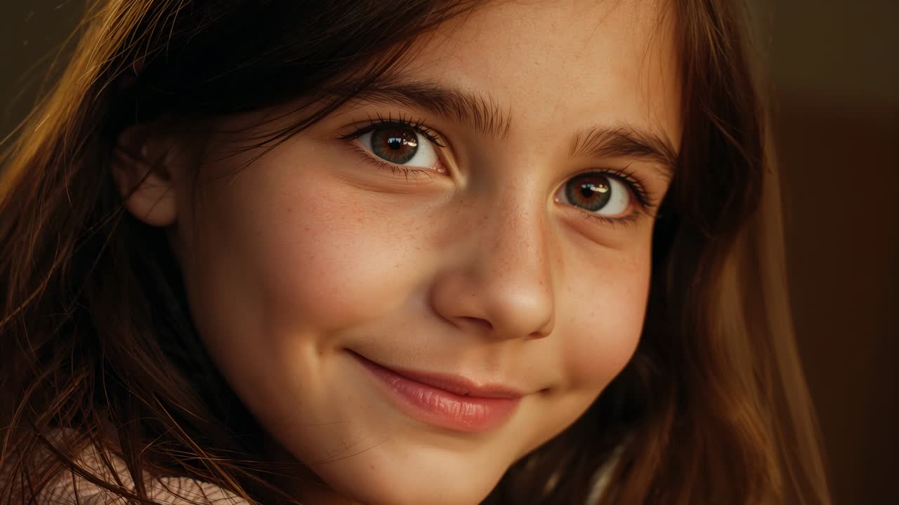 Smiling girl responding to camera recording in warm room, showing light top and loose brown hair