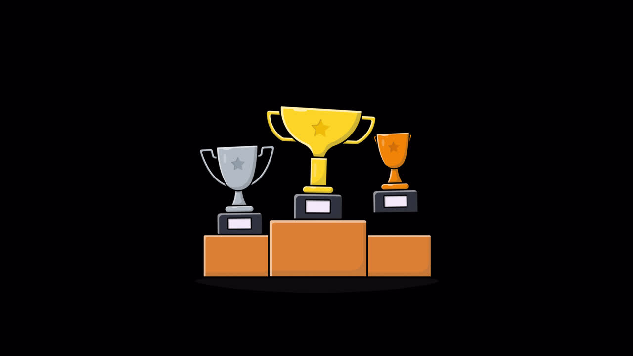 Animated Gold Silver and Bronze Trophies on a Winner's Podium