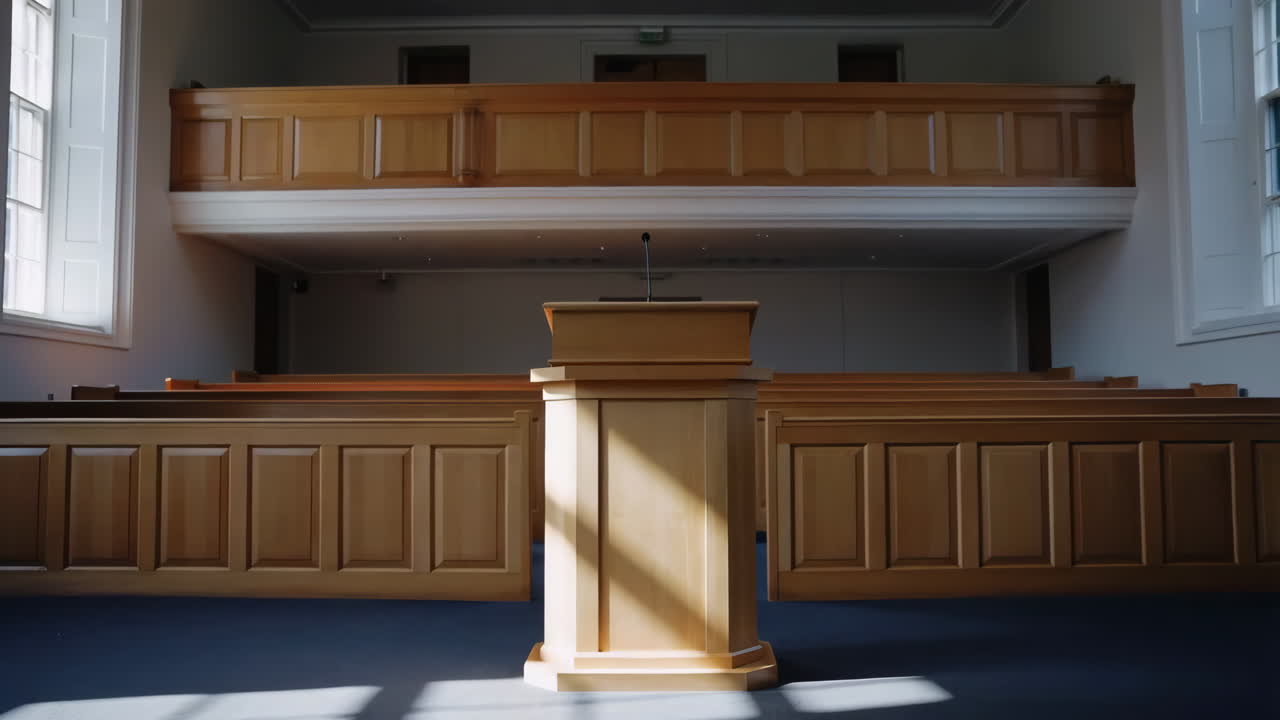 Empty Wooden Hall with Podium and Balcony