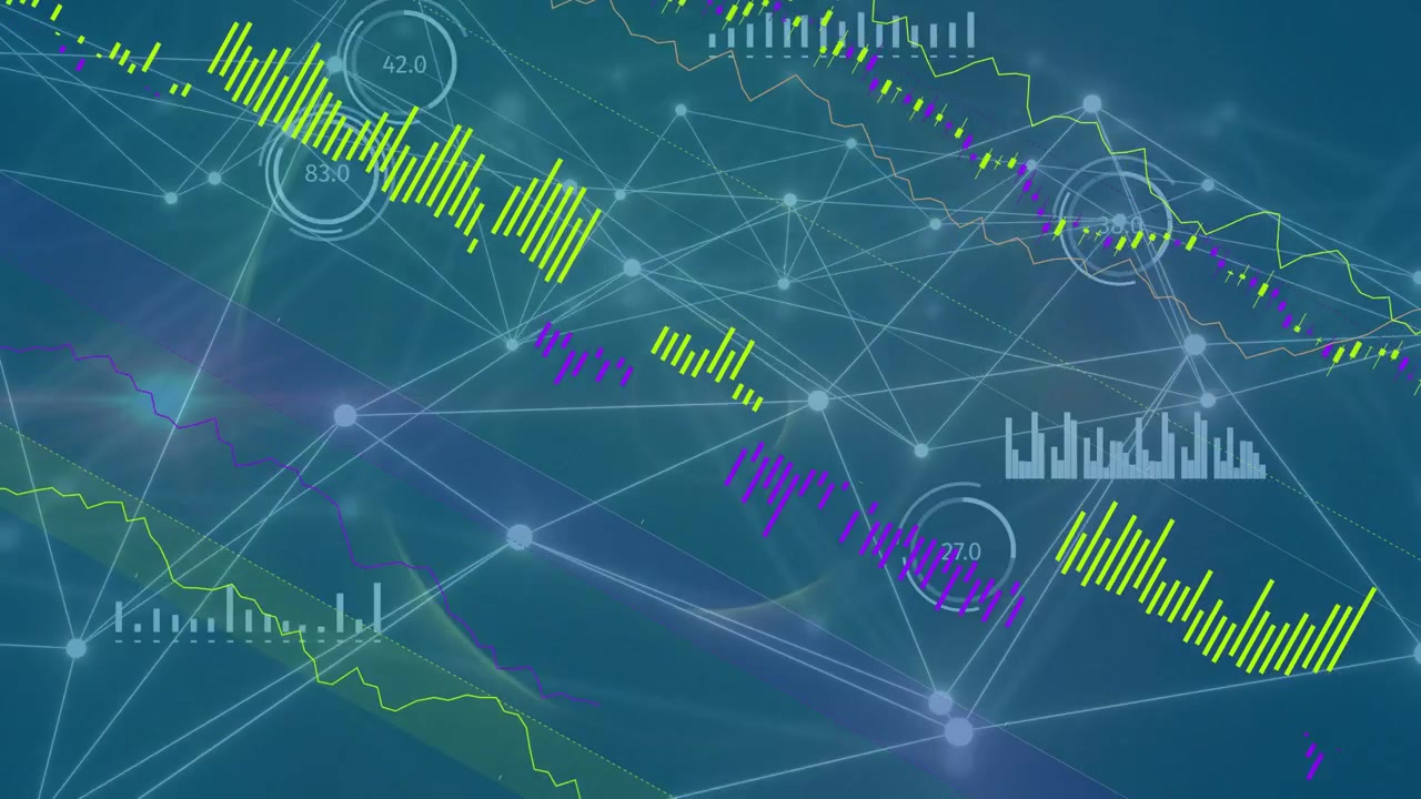 Node-gauge cluster animating after gauge pop, nodes pulsing, lime-purple bars sweeping showing data