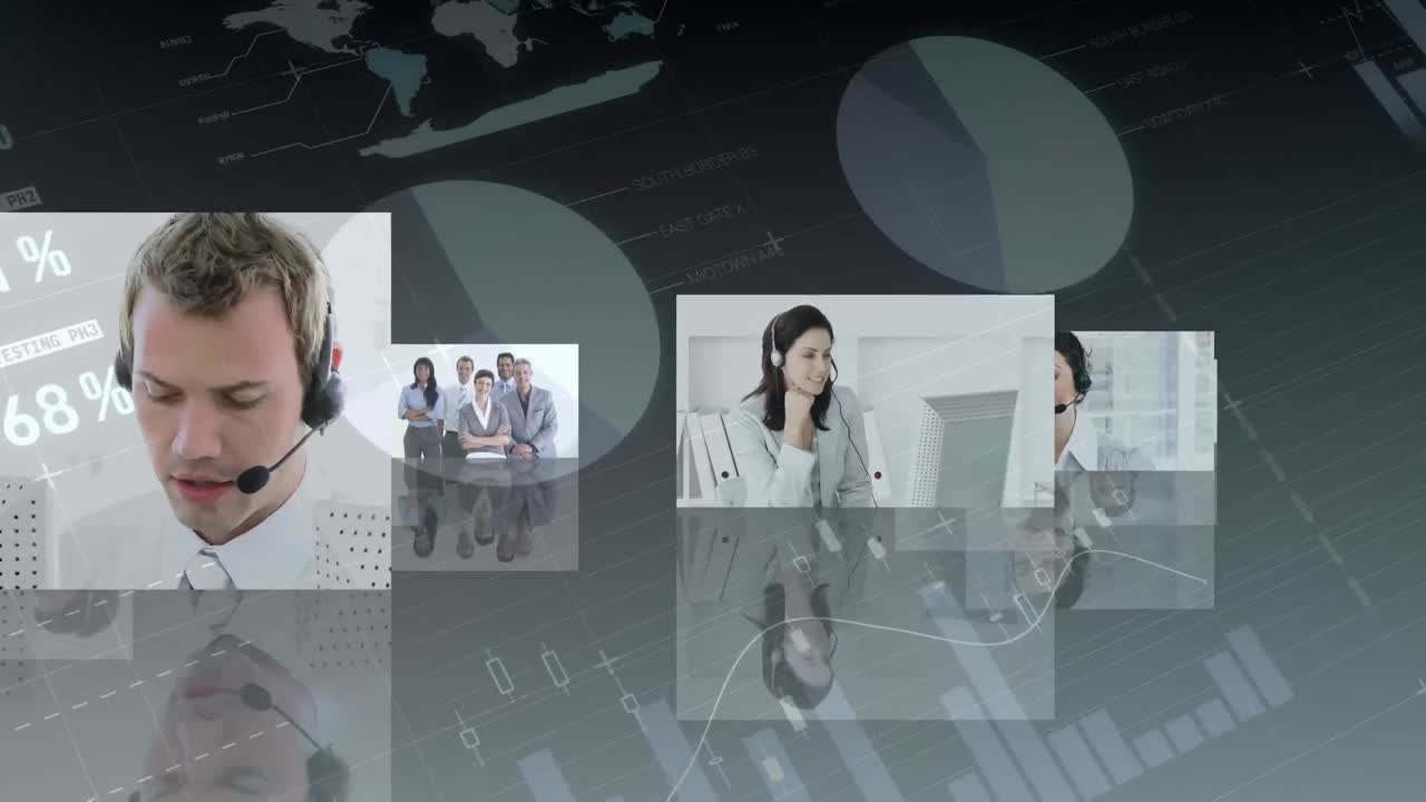 다양한 사업가들이 전화기로 이야기하는 데이터 처리의 애니메이션