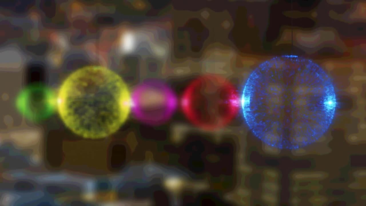 Multiple colorful baubles decorations against aerial view of night cityscape