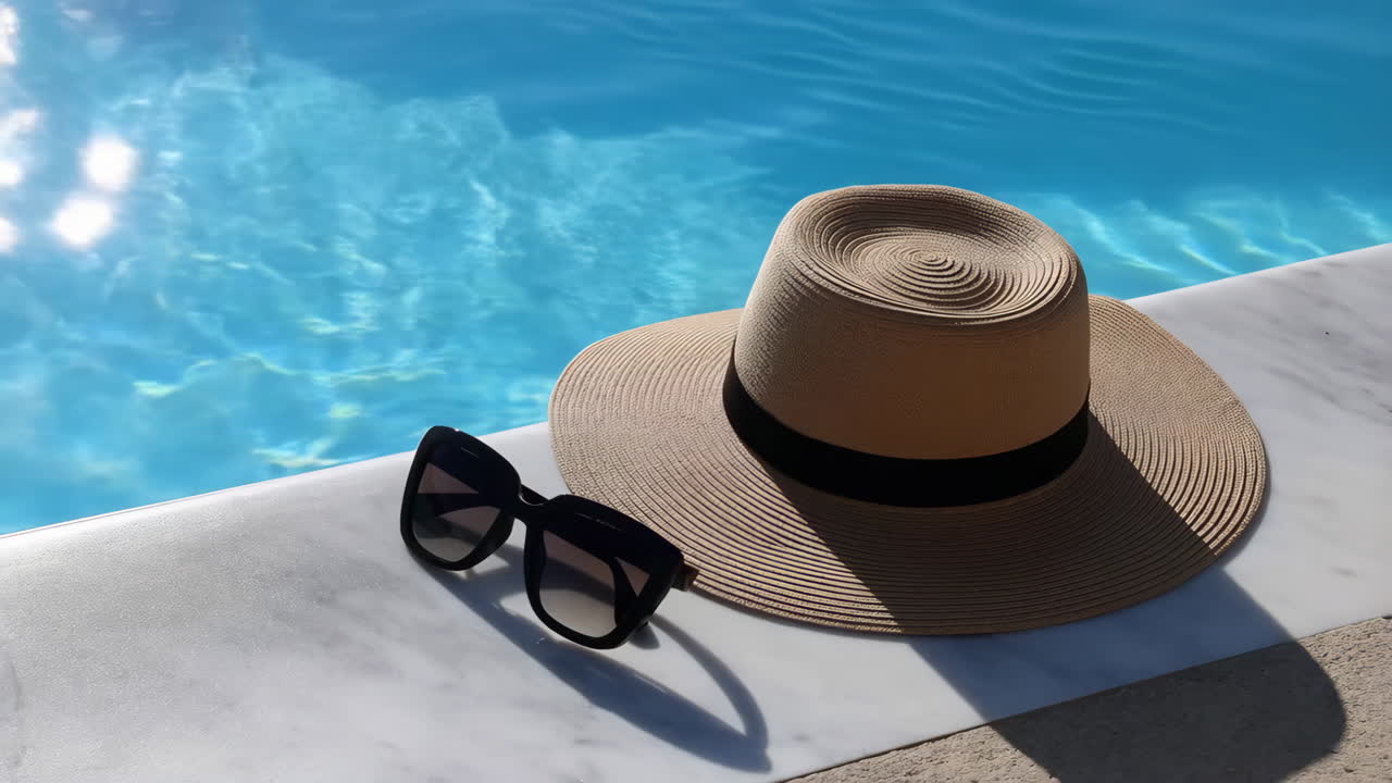 Ein Strohhut und eine Sonnenbrille am Schwimmbecken