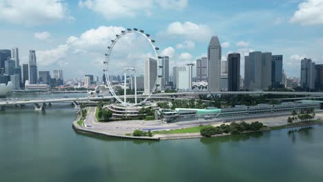 drone shot of marina promenade and singapore flyer eye, wide orbit of formula 1 one paddock area