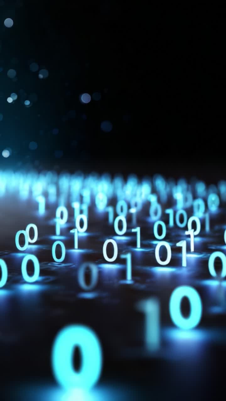 A mesmerizing view of glowing binary numbers in a dark space, creating an engaging atmosphere of digital technology and data visualization