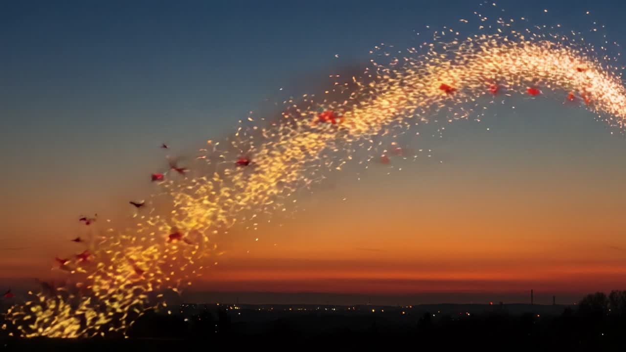 A Captivating Transition from Day to Night: Illuminating Dusk with Glittering Birds and a Sparkling Arc Against a Stunning Sunset Sky