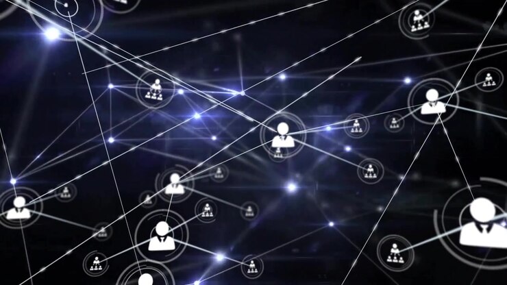 Åbner datakosmos, der viser et centralt brugerikon, der skaber forbundne noder, visualiserer netværksvækst.