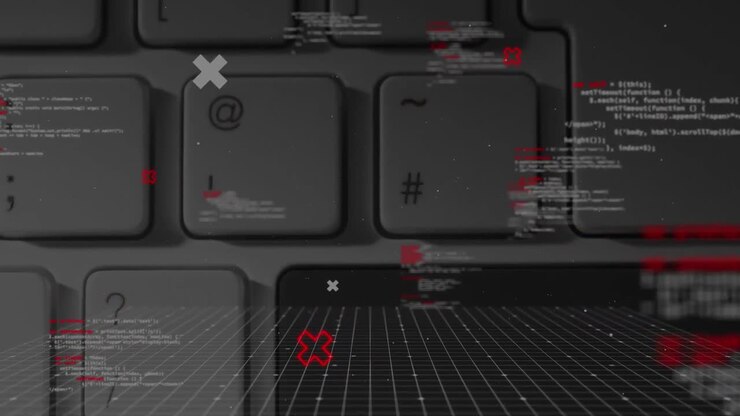 Digital interface data processing and symbols floating against close up of keyboard keys