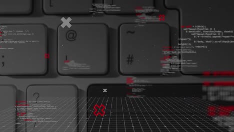 digital interface data processing and symbols floating against close up of keyboard keys