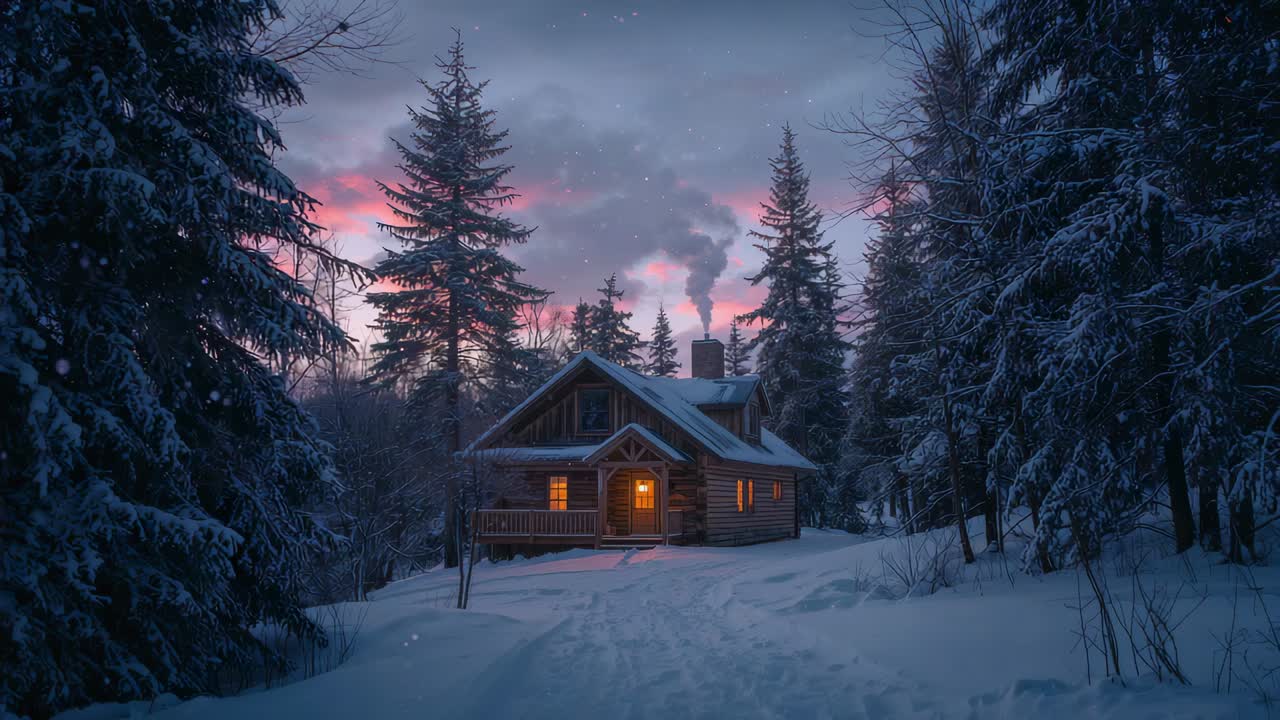 Deepening twilight stirring chimney smoke from log cabin, lit windows glowing in snow, footprints