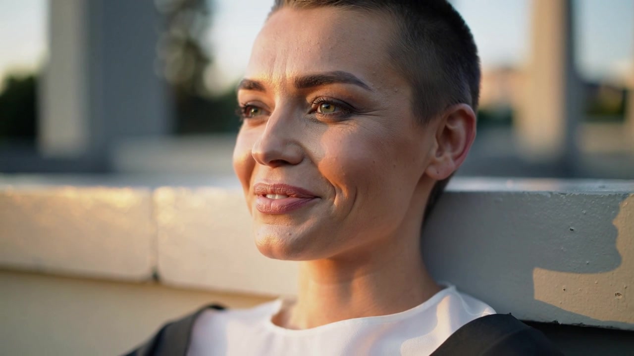 Smiling buzzcut woman leaning on roof parapet in white collar top and jacket sunlight drawing gaze