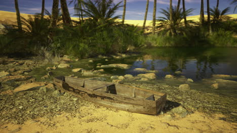 abandoned wooden boat resting by a tranquil oasis in a desert landscape
