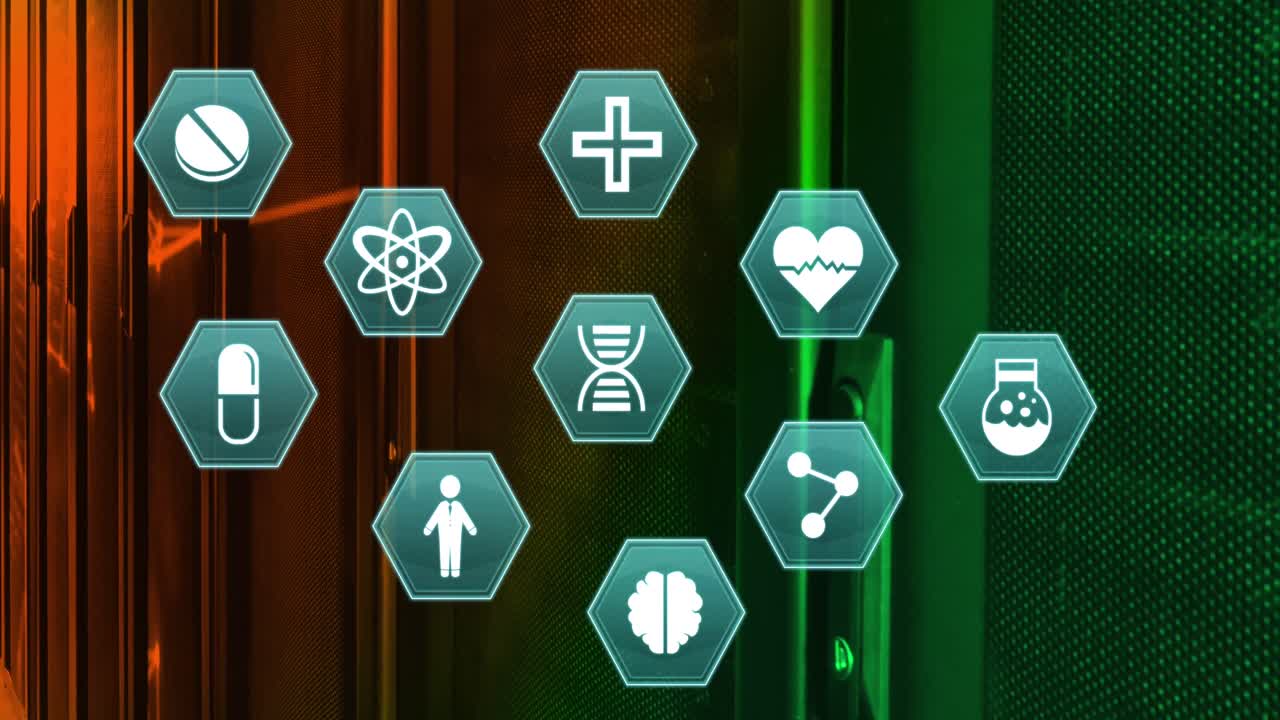 6각형과 서버 위의 라인에서 기술 아이콘의 애니메이션