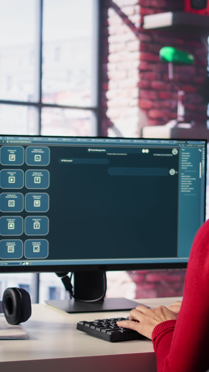 Vertical Video Woman interacting with intelligent AI chatbot on pc next to mockup display