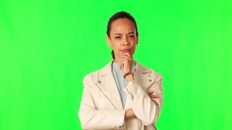 Thinking,-face-and-woman-in-green-screen-studio